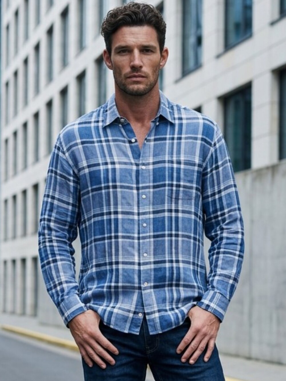 J. McLaughlin 100% Linen Button Up Shirt Men’s Sz XL Blue White Black Plaid